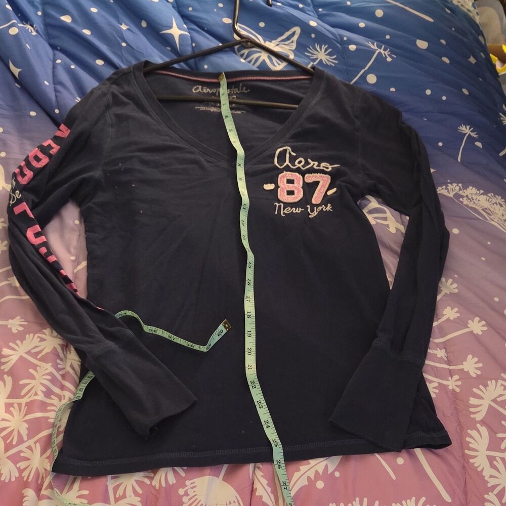 Aeropostale Women's XL Navy V-Neck Long Sleeve Embroidered Logo Knit Cotton Top